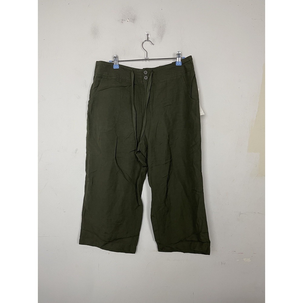 Coldwater Creek Womens Pants 12 Olive Green Lagenlook Linen Wide Leg Boho Casual